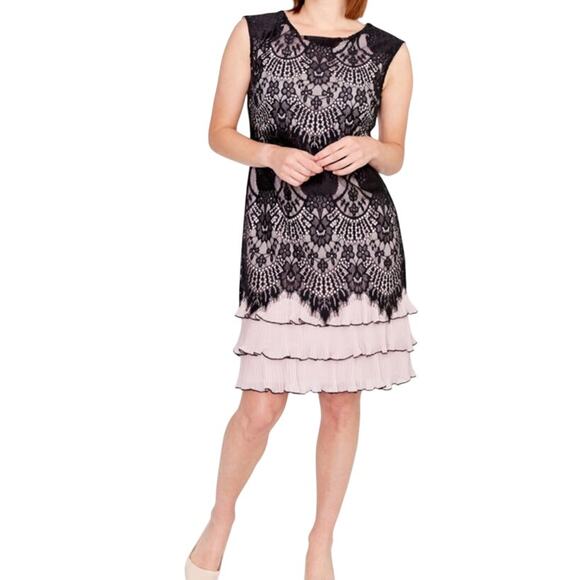 Frank Lyman Knee-Length Dress Lace Overlay Black Cream SZ 4 Luxury LBD Designer - Picture 1 of 9